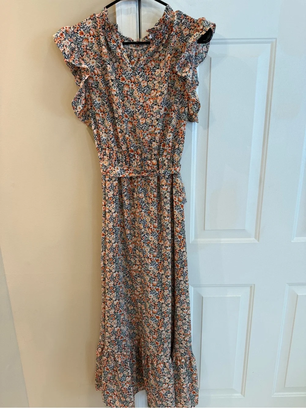 Floral Ruffle Sleeve Maxi Dress - Peach & Navy